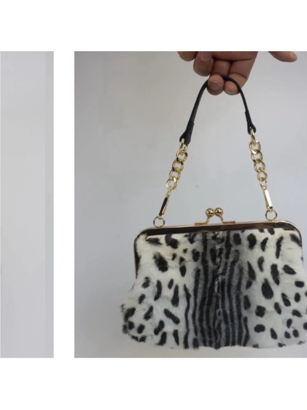 Luxury Mink Fur Leopard Print Handbag Small Kiss Lock Purse With Gold new - Picture 6 of 9